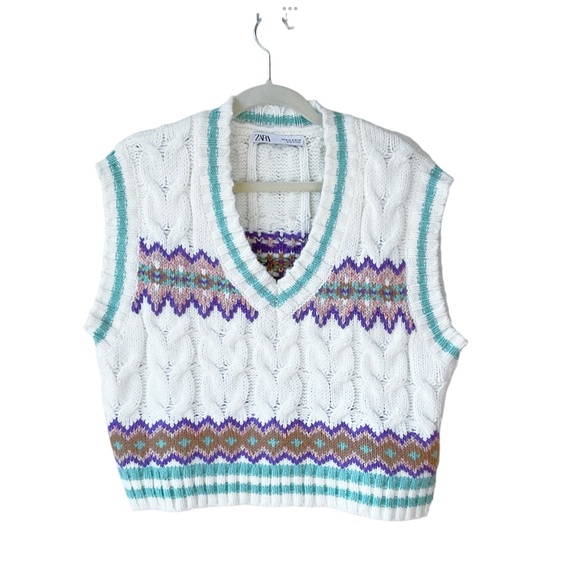 Zara Cable Knit Fair Isle Print Sweater Vest Size M - Picture 2 of 9